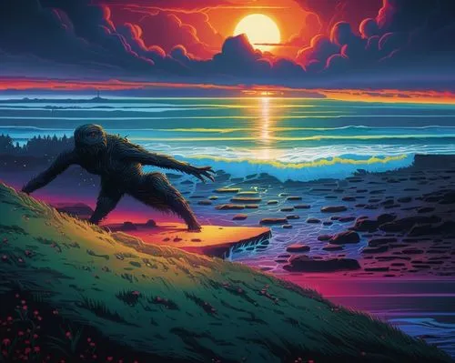 surfer,coast sunset,sci fiction illustration,dune sea,dune,ocean,surfers,dark beach,the horizon,horizon,surfing,dusk,digital illustration,beautiful wallpaper,prog,surf,volcanic,dune landscape,samsung wallpaper,pacific,Illustration,Realistic Fantasy,Realistic Fantasy 25