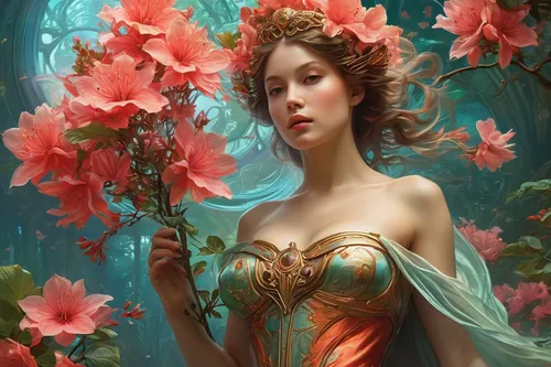 Craft a futuristic science fiction tale involving azalea coral bells,flower fairy,faery,faerie,elven flower,fantasy art,fantasy portrait,flora,splendor of flowers,dryad,rosa 'the fairy,fairy queen,gir