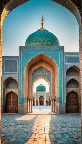 Ancient Uzbekistan city, Registan Square, majestic madrasah, intricate Islamic patterns, turquoise domes, minarets, ornate archways, detailed tile work, vibrant color scheme, grand entrance, carved wo