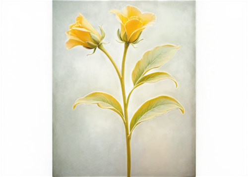 Yellow petals, dark center, tall stem, green leaves, solo, close-up, soft natural light, warm color tone, shallow depth of field, 3/4 composition, detailed texture, realistic, vibrant colors, slight b