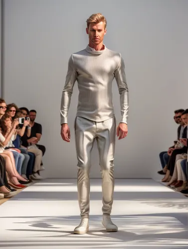 long underwear,garment,one-piece garment,male model,man's fashion,men's wear,walking man,standing man,catwalk,white clothing,display dummy,pedestrian,space-suit,bodyworn,fashion design,menswear,neutral color,steel man,white-collar worker,garments