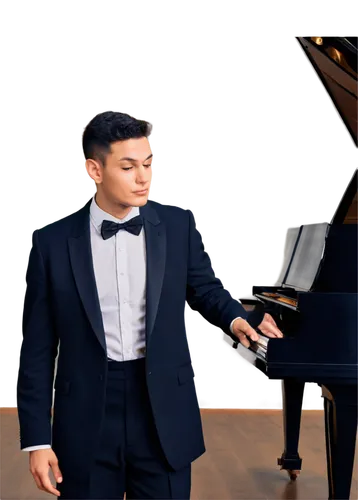 Elegant violin, solo performance, spotlight shining, black tuxedo, white shirt, bow tie, luxurious background, grand piano, polished wooden floor, dramatic lighting, cinematic composition, shallow dep