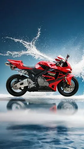 A photo of a motorcycle with a splash of water around it, placed on a blue gradient background. The motorcycle is positioned in the center of the image. The background is a gradient of light blue to w