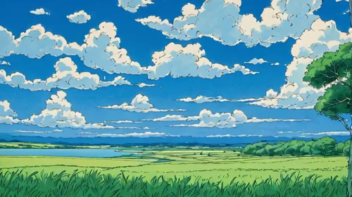 studio ghibli,landscape background,blue sky clouds,hokkaido,stratocumulus,sky,blue sky and clouds,meadow landscape,summer sky,clover meadow,high landscape,cumulus clouds,golf course background,cumulus,grasslands,plains,yamada's rice fields,salt meadow landscape,rural landscape,landscape,Illustration,Japanese style,Japanese Style 14