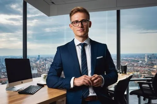 Software architect, standing, confident pose, bespectacled, short hair, professional attire, suit jacket, white shirt, tie, holding tablet, designing architecture, modern office, cityscape view, large