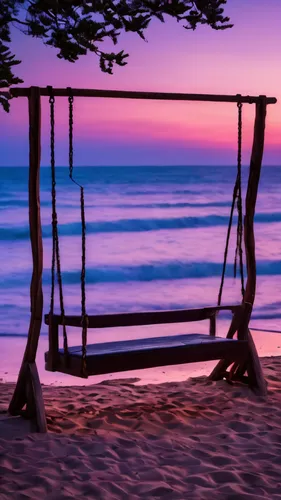 arafed swing on a beach at dusk with a view of the ocean, serene evening atmosphere, swings, night setting, dusk setting, at sunrise, peaceful ambience, blue hour, quiet and serene atmosphere, mystica