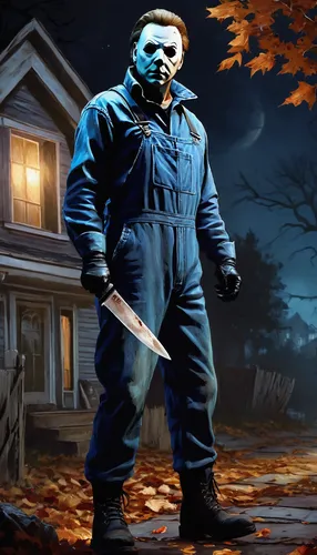 halloween poster,halloween background,halloweenchallenge,halloween wallpaper,male mask killer,halloween banner,bogeyman,halloween and horror,chainsaw,hatchet,janitor,the haunted house,blue-collar worker,halloween2019,halloween 2019,android game,killer,boo,blue demon,haunt,Illustration,Paper based,Paper Based 04