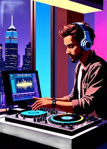 DJ, mixing console, headphones, studio background, spotlight on DJ, hands moving quickly, vinyl records, CDs, laptop, music software, sound waves, equalizer, microphone, instrumental hip-hop beats, el