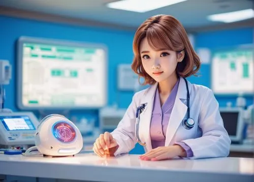 Futuristic laboratory, medical equipment, architectural distortion, breast ultrasound machine, sleek metal body, glowing blue LED lights, transparent glass panel, futuristic UI display, doctor in whit