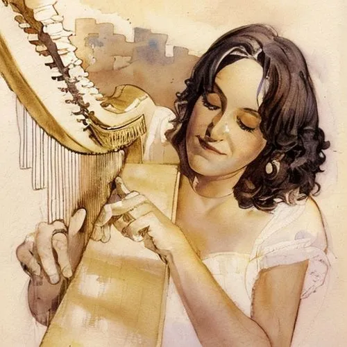 an angel playing the harp, beautiful romantic painting by Frank Frazetta,harpist,harp player,angel playing the harp,celtic harp,harp,charango,woman playing,harp strings,panpipe,mouth harp,woman playin