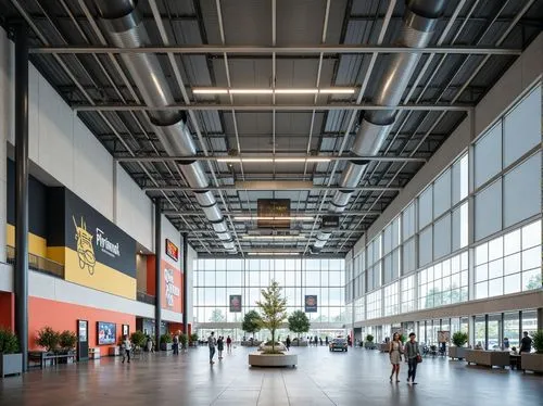 Functional airport terminal, minimalist interior design, industrial materials, exposed ductwork, steel beams, concrete floors, geometric shapes, primary color accents, bold typography, functional ligh