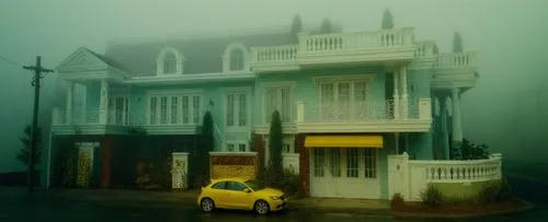 enhance to realistic photo,a yellow car parked outside a home on a foggy day,storybrooke,doll's house,dolls houses,dollhouses,neblina,doll house,Photography,Documentary Photography,Documentary Photogr