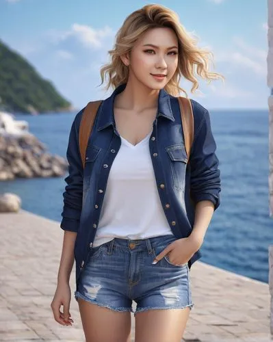 beach background,girl in overalls,denim background,denim jacket,joy,jeans background,plus-size model,korea,winner joy,jean jacket,denim jumpsuit,busan sea,landscape background,jean shorts,denim,namsan,korean,hong,women fashion,songpyeon,Photography,General,Realistic