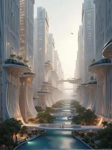 an image of some water in a city,futuristic landscape,futuristic architecture,arcology,coruscant,ecotopia,metropolis