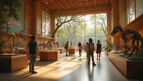 Savanna museum, daytime, warm sunlight, gentle breeze, open space, natural light, floor-to-ceiling windows, minimalist interior design, wood and stone textures, visitor, curious expression, casual clo