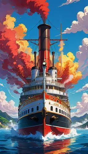 ghibli,oceanliner,aquitania,westerdam,titantic,sea fantasy,Illustration,Japanese style,Japanese Style 03