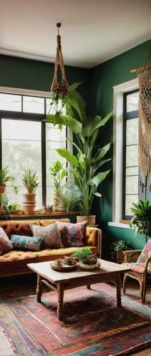 boho art style,bohemian art,interior decor,mid century modern,tropical greens,houseplants,sitting room,house plants,contemporary decor,sunroom,tropical house,chaise lounge,living room,houseplant,livingroom,modern decor,apartment lounge,mid century house,home interior,interior decoration,Illustration,Japanese style,Japanese Style 05