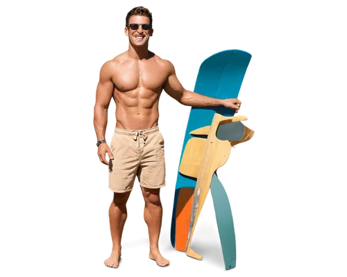 muscular man, beach scene, hot summer day, shirtless, athletic build, short hair, sunglasses, golden tan skin, ripped abs, strong jawline, bright smile, board shorts, barefoot, standing pose, relaxed 