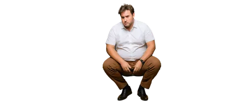 Fat man, sitting, toilet, white shirt, brown pants, black shoes, messy hair, sweaty face, worried expression, hands on thighs, chubby fingers, dim lighting, warm color tone, shallow depth of field, ci