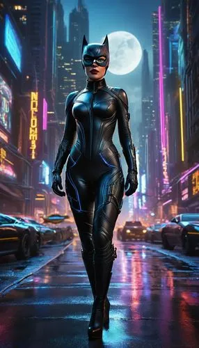 the skyline of Gotham is depicted in a mesmerizing display of neon lights and futuristic architecture. A sleek catwoman with piercing blue eyes gazes intently into mid-air, her black suit shimmering i