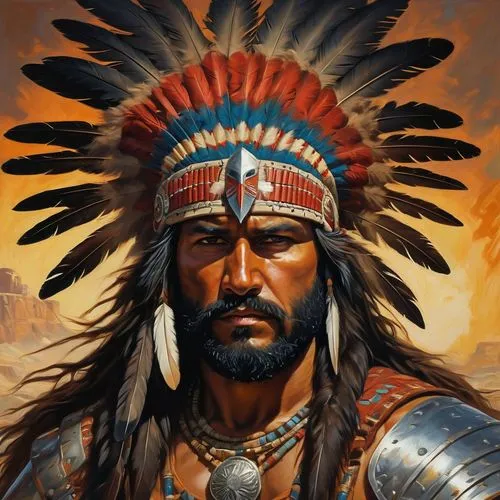 a painting of a man with a beard and a feathered headdress, portrait of a warrior, james edmiston, greg manchess, by Johannes Helgeson, picture of an adult male warrior, indian warrior, native america