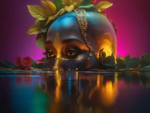 Elegant Fantasy of Shiva,a blue mask with leaves and flowers on top,oshun,venetian mask,gold foil mermaid,golden mask,gold mask,water nymph,Photography,Artistic Photography,Artistic Photography 08