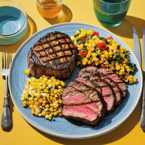 This summery meal of chargrilled steak with kumara cakes and corn on the cob can be cooked inside or outdoors on the barbecue. It's easy and yummy!,steak grilled,flank steak,beef grilled,beef ribeye s