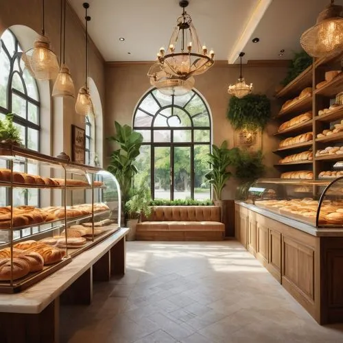 Cozy bakery shop, modern rustic interior, warm beige walls, wooden shelves, glass display cases, elegant chandeliers, soft golden lighting, vintage baking utensils decoration, marble countertops, wood