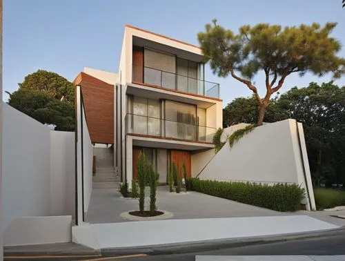 DISEÑA EL EXTERIOR DE UN EDIFICIO DE DAPARTAMENTOS ESTILO  MINIMALISTA, CON ACABADOS EN MURO DE COLOR BLANCO  Y CON MUROS EN TABIQUE APARENTE, CANCELES DE ALUMINIO CON CRISTAL, AMBIENTACIÓN CON PERSON