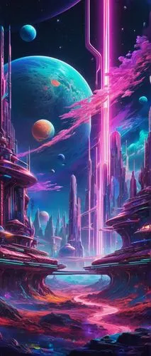 Futuristic, sci-fi, digital art, DALL-E image, vibrant neon colors, glitch art, abstract shapes, futuristic landscape, distant planet, stars twinkling in the night sky, nebula clouds, 3D rendering, hi