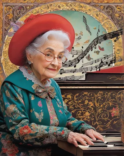 pianist,piano player,woman playing,jazz pianist,keyboard instrument,piano,pianet,iris on piano,clavichord,keyboard player,elderly lady,player piano,piano keyboard,musician,electronic keyboard,play piano,harpsichord,itinerant musician,organist,dulcimer,Illustration,Realistic Fantasy,Realistic Fantasy 05