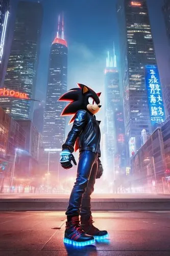 Shadow the Hedgehog, blue spikes, red eyes, black leather jacket, white gloves, silver shoes, confident posture, standing on one leg, city street, skyscraper, night, neon lights, foggy atmosphere, cin