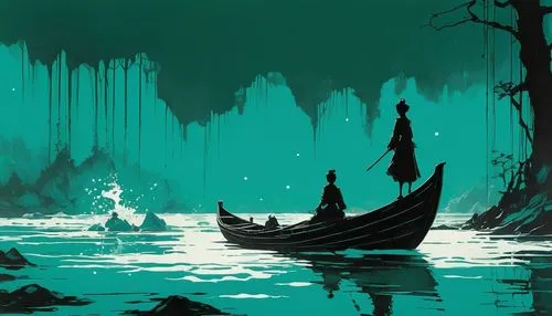 In dreams, I'm moving through heavy water, by Lotte Reiniger, by Zao Wou-Ki, teal,a stylized version of an illustration of a woman in a canoe near a lake,fjord,oxenhorn,emerald sea,boat landscape,teal