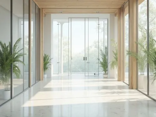 hallway space,glass wall,glass facade,entryway,hallway,daylighting,metallic door,foyer,house entrance,laminated wood,associati,structural glass,entryways,interior modern design,breezeway,bamboo curtain,contemporary decor,3d rendering,electrochromic,limewood,Photography,General,Realistic