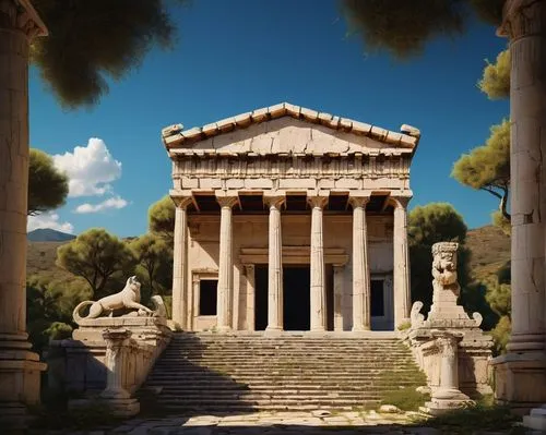 Ancient Greek temple, Doric columns, Ionic capitals, frieze with triglyphs, pediment with sculptures, white marble, ornate carvings, intricate moldings, symmetrical facade, stairs leading to entrance,