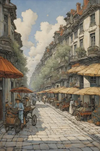 street scene,montmartre,the cobbled streets,dongfang meiren,watercolor paris shops,paris shops,lev lagorio,paris,watercolor paris,honfleur,st-denis,the market,dauphine,market,shopping street,watercolor shops,marketplace,french digital background,large market,david bates,Illustration,Paper based,Paper Based 29