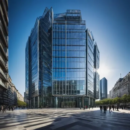 Principal concern of architecture, majestic skyscraper, modern design, sleek lines, gleaming glass facade, metallic framework, grand entrance, revolving doors, high ceilings, marble floors, minimalist