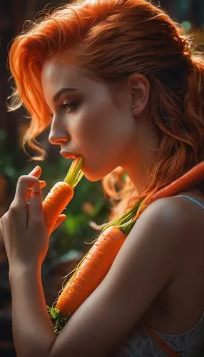 acute girl eatting a carrot,    strong thighs,   a perfect body, ,orange rose,orange roses,orange scent,orange petals,orange flower,girl in flowers,beautiful girl with flowers,orange butterfly,orange 