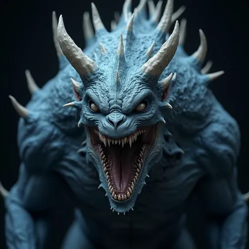 A creature with a menacing appearance, featuring sharp teeth, a horned head, and icy blue and white details, is captured in a close-up shot. The creature's skin appears rough and textured, with intric