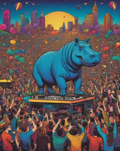 Experience the vibrant energy of the Hippo Campus during a lively music festival.,hippopotamus,blue elephant,rhinoceros,rhino,brontosaurus,hippo,aardvark,trex,parookaville,dino,rubber dinosaur,dinosau