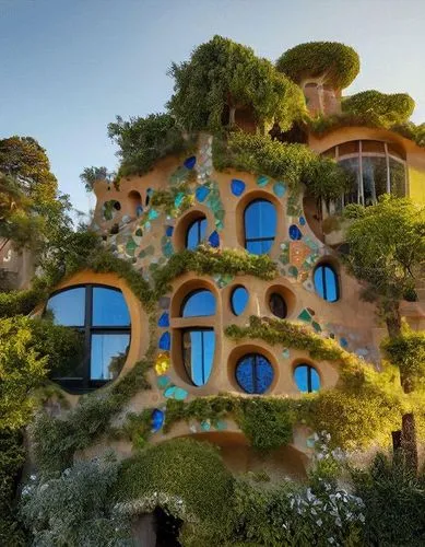 Colorful building facade in Antonio Gaudi style, mosaic ,earthship,gaudi park,guell,tree house hotel,pedrera,park güell,gaudi,hotel w barcelona,tree house,casa fuster hotel,hundertwasser,treehouse,ins