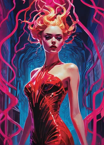 scarlet witch,rosa ' amber cover,medusa,red matrix,maraschino,fiery,lady in red,femme fatale,red,red gown,crimson,vertigo,the enchantress,mystery book cover,man in red dress,vampira,magenta,black widow,red dahlia,transistor,Conceptual Art,Oil color,Oil Color 24