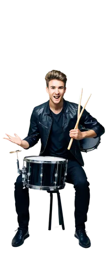 Drummer, young adult male, dynamic pose, excited facial expression, drumsticks in hands, silver drum set, shiny metal, wooden drumsticks, black leather drums, professional studio setting, spotlight on