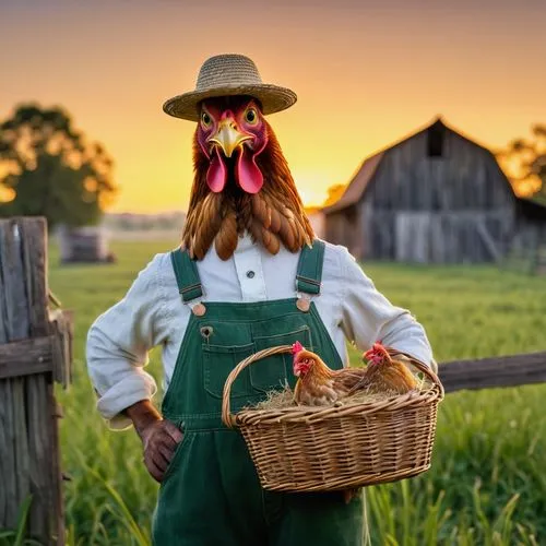 Anthropomorphic chicken, standing upright, farm setting, sunset background, fluffy feathers, yellow beak, bright curious eyes, freckles on nose, wearing overalls, holding a basket, straw hat, rustic w