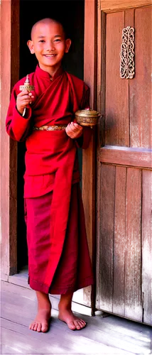 Ladakh boy, Tibetan monk, 10yo, shaved head, bright eyes, red robes, golden embroidery, prayer beads, holding prayer wheel, smiling, standing, Himalayan landscape, rustic wooden door, warm sunlight, s