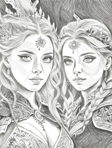 celtic woman,swath,white rose snow queen,celtic queen,princesses,fantasy portrait,coloring page,elves,the snow queen,fairytale characters,fantasy art,sirens,fairy tale icons,heroic fantasy,fantasy picture,mother and daughter,filigree,silver wedding,pencil drawing,hand-drawn illustration,Design Sketch,Design Sketch,Character Sketch