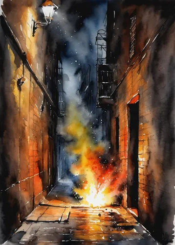 the conflagration,city in flames,conflagration,alleyway,watercolor painting,watercolor paris,arson,ink painting,inflammable,combustion,charcoal drawing,watercolor,watercolour,burning house,newspaper fire,water color,watercolor background,watercolor shops,fires,explosion,Illustration,Paper based,Paper Based 24