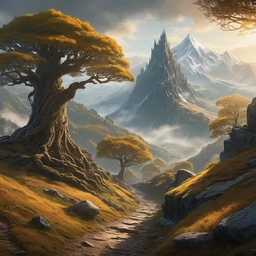 fantasy landscape,mirkwood,gondolin,mountain landscape,elven forest,ithilien,alpine landscape,hinterlands,nargothrond,beleriand,world digital painting,fantasy picture,mountain scene,mountainous landscape,landscape background,moss landscape,erebor,lonetree,mushroom landscape,dragon tree,Illustration,Abstract Fantasy,Abstract Fantasy 08