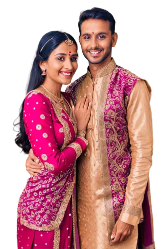 Indian couple, romantic pose, embracing, smiling faces, bindi on forehead, traditional clothes, colorful saree, kurta pyjama, intricate embroidery, golden jewelry, happy eyes, soft focus, warm lightin