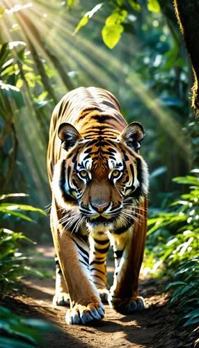 Majestic Bengal Tiger: A solitary Bengal tiger prowling through a dense jungle, rays of sunlight piercing through the canopy, illuminating its striking stripes.,the tiger is walking up the path throug